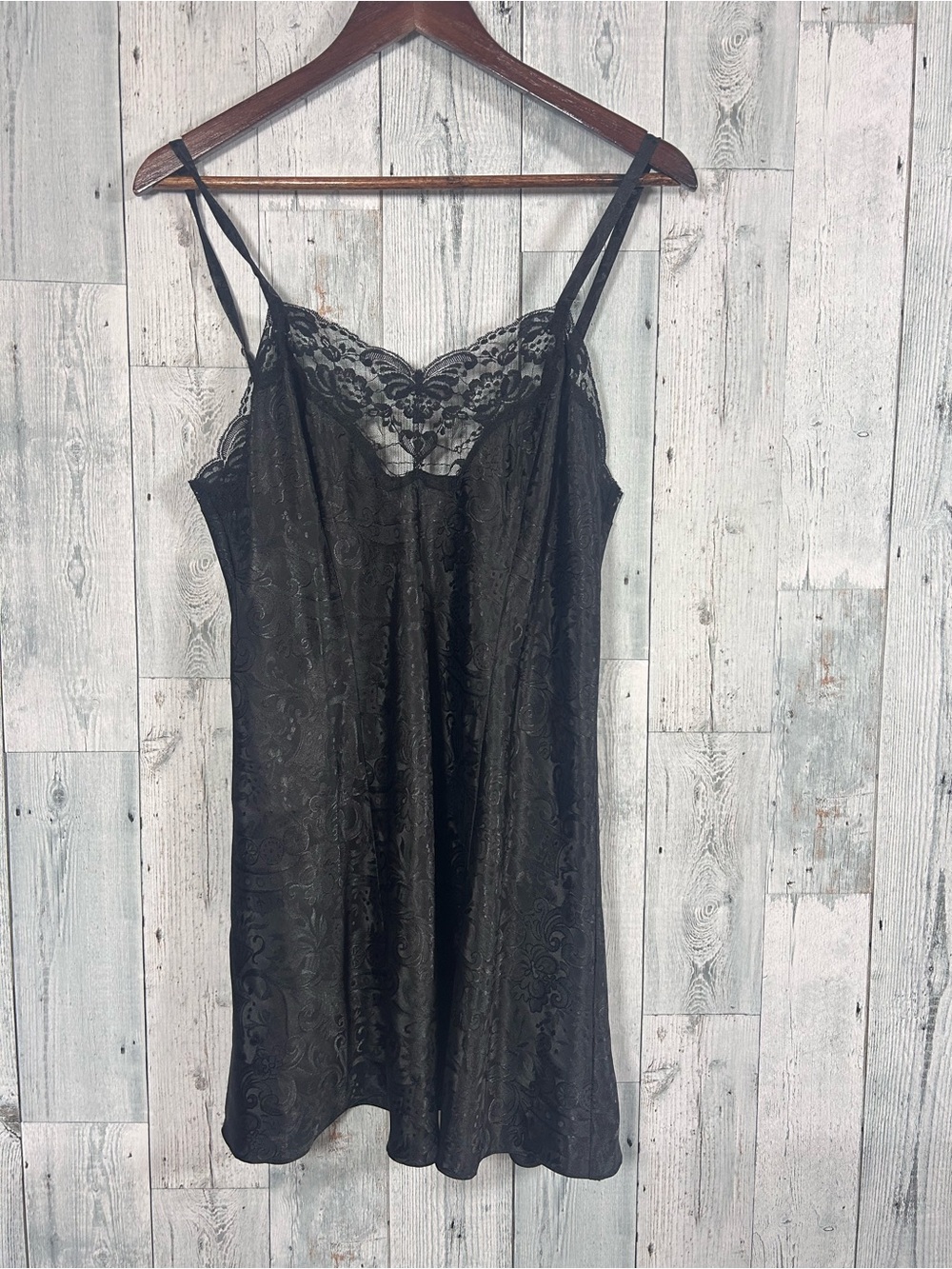 Vintage 90s Potpourri Black Slip Dress M Lace Jacquard Midi Romantic Goth
